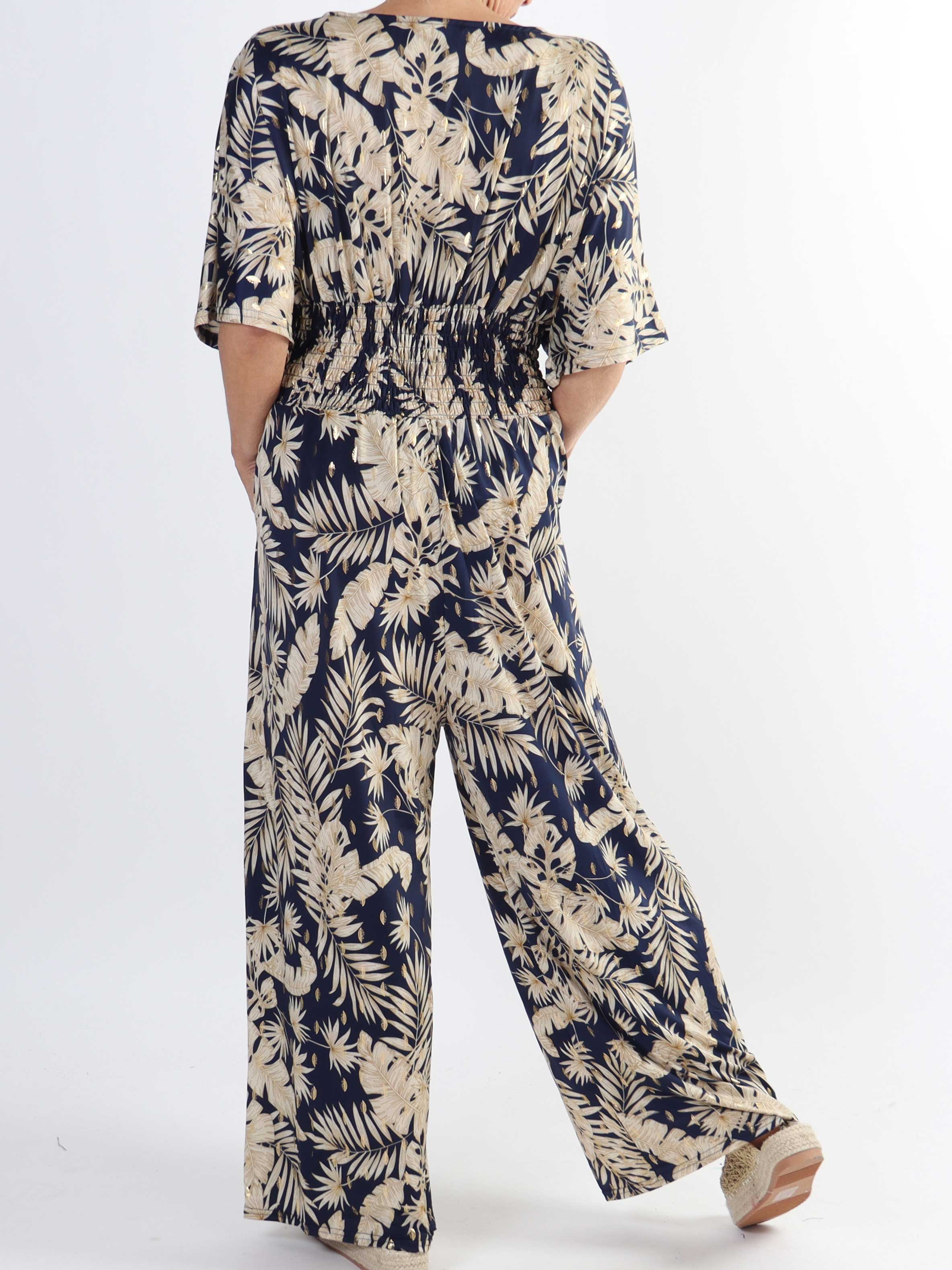 Pams Gold Leaf Jumpsuit - Jumpsuit med resår och bladmönster i stora storlekar